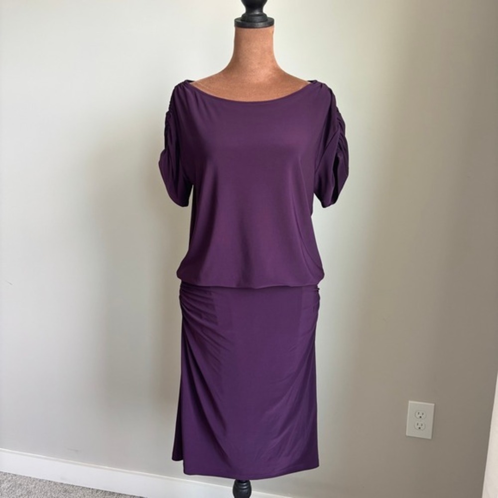 LAUREN Ralph Lauren Purple Jersey Blouson Dress Boat Neck Ruched Sheath Size 6